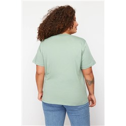Mint Yeşili Boyfriend Fit Yanda Çıt Çıt Detaylı %100 Pamuk Örme Büyük Beden T-shirt TBBSS24BF00000