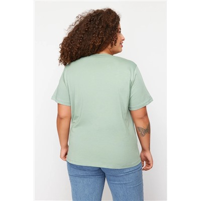 Mint Yeşili Boyfriend Fit Yanda Çıt Çıt Detaylı %100 Pamuk Örme Büyük Beden T-shirt TBBSS24BF00000