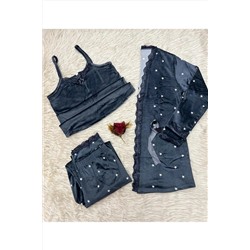 OMODAM Kadın Kadife Dantel Detaylı 3'lü Sabahlıklı Pijama Gecelik Takımı Çeyiz Set P5547