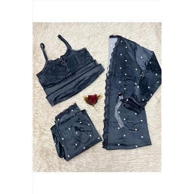 OMODAM Kadın Kadife Dantel Detaylı 3'lü Sabahlıklı Pijama Gecelik Takımı Çeyiz Set P5547