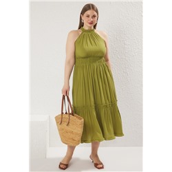 Haki Halter Yaka Dokuma Elbise TBBSS23AH00207