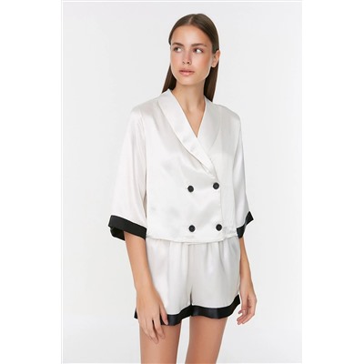 TRENDYOLMİLLA Ekru Şerit ve Kruvaze Detaylı Saten Dokuma Pijama Takımı THMSS22PT0627