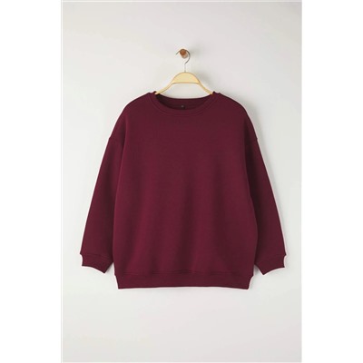 Bordo Oversize/Rahat Kesim Basic Bisiklet Yaka Kalın/İçi polarlı Örme Sweatshirt TBBAW25AO00008