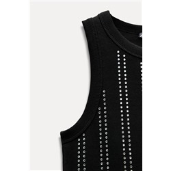 SLEEVELESS RIBBED T-SHIRT WITH RHINESTONES