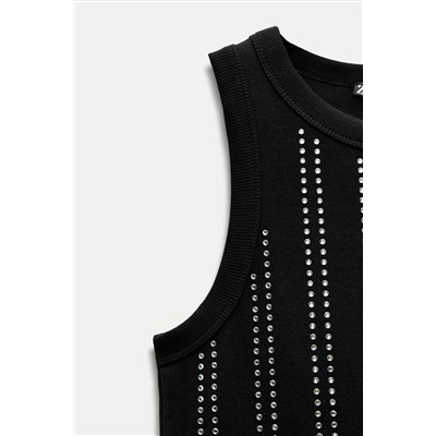 SLEEVELESS RIBBED T-SHIRT WITH RHINESTONES