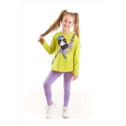 Denokids Çantada Ponçik Kız Çocuk Yeşil T-shirt Lila Tayt Takım CFF-22S1-045