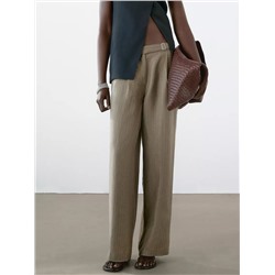 100% linen striped trousers with buckle detail