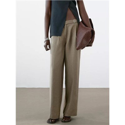 100% linen striped trousers with buckle detail