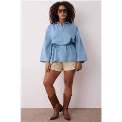 Mavi Oversize/Bol Kesim Denim Büyük Beden Gömlek TBBAW26AX00003