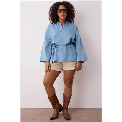 Mavi Oversize/Bol Kesim Denim Büyük Beden Gömlek TBBAW26AX00003