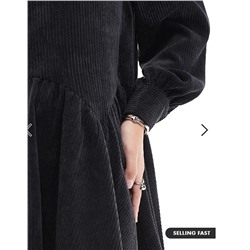 ASOS DESIGN corduroy mini smock dress with peplum hem in black