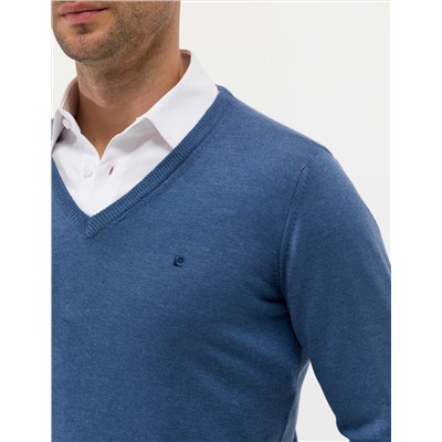 İndigo Melanj Slim Fit V Yaka Basic Triko Kazak