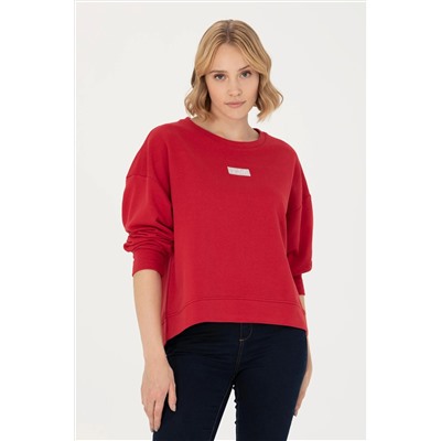 Kadın Kırmızı Bisiklet Yaka Basic Sweatshirt