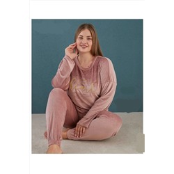 Mihra Stil Mihra 1915 Kadın Battal Kışlık Kadife Pijama Takımı - Pudra MİHRA-1915-CAG