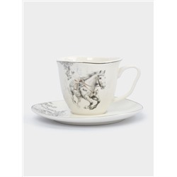 Пара чайная, 1 перс, 2 пр, 250 мл, фарфор N, белая, с серебристым кантом, Конь, White horse