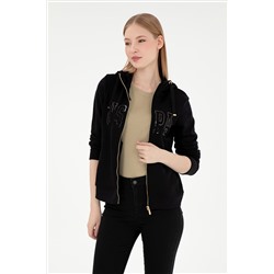 Kadın Siyah Kapüşonlu Fermuarlı Sweatshirt