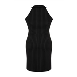 Siyah Polo Yaka Çizgili Mini %100 Pamuk Örme Büyük Beden Elbise TBBSS24AH00006