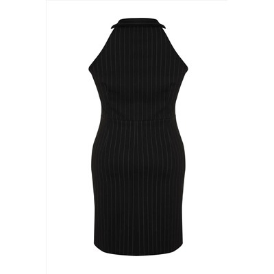 Siyah Polo Yaka Çizgili Mini %100 Pamuk Örme Büyük Beden Elbise TBBSS24AH00006