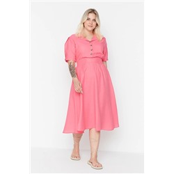 Pembe Gipe ve Düğme Detaylı Dokuma Elbise TBBSS22EL1563