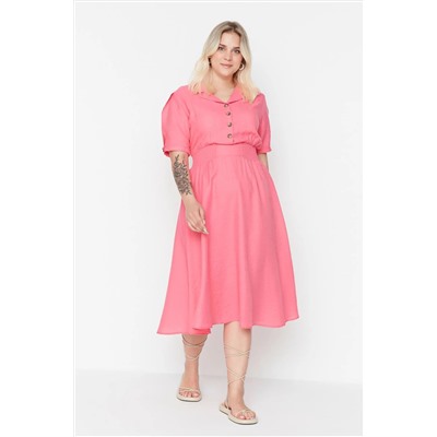 Pembe Gipe ve Düğme Detaylı Dokuma Elbise TBBSS22EL1563