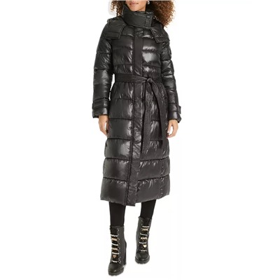 KARL LAGERFELD PARIS Karl Lagerfeld Womens Shine Hooded Belted Puffer Coat