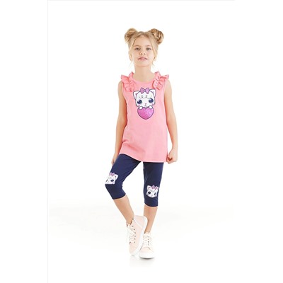 Denokids Kedicik Kız Çocuk Pembe T-shirt Lacivert Tayt Yazlık Takım CFF-23Y1-091
