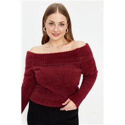 Trendyol Curve Bordo Carmen Yaka Triko Kazak TBBAW24AN00009