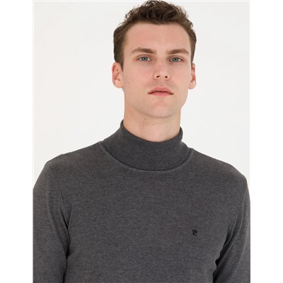 Gri Melanj Slim Fit Balıkçı Yaka Basic Triko Kazak