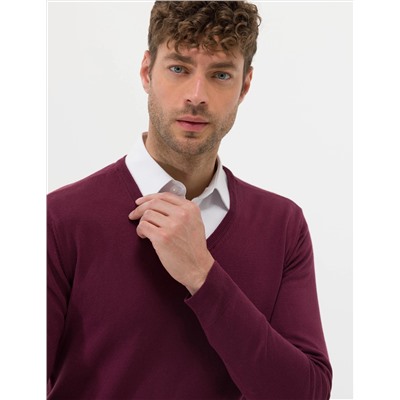 Bordo Slim Fit V Yaka Basic Triko Kazak