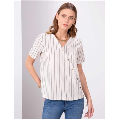 Lacivert Crop Çizgili Kısa Kollu Bluz
