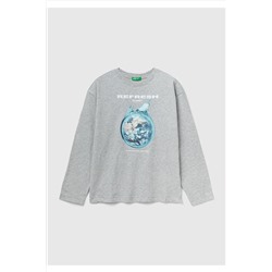 United Colors of BenettonErkek Çocuk Gri Melanj Okyanus Baskılı T-Shirt