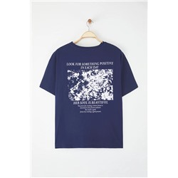 Lacivert Oversize Fit %100 Pamuk Ön ve Arka Baskılı Örme Büyük Beden T-Shirt TBBSS25BF00002