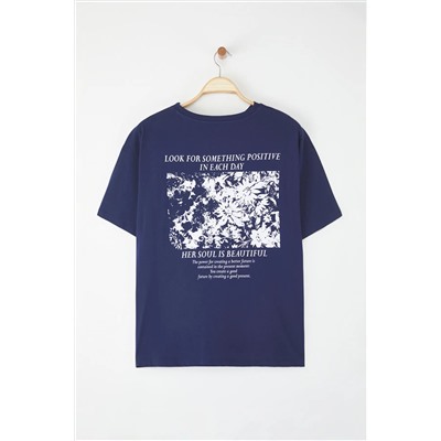 Lacivert Oversize Fit %100 Pamuk Ön ve Arka Baskılı Örme Büyük Beden T-Shirt TBBSS25BF00002