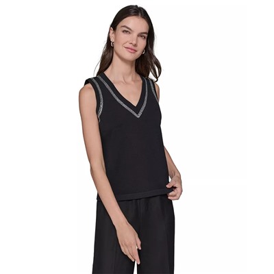 KARL LAGERFELD PARIS Women's Embellished V-Neck Sleeveless Sweater