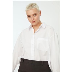 Beyaz Loose Fit Pamuklu Uzun Kol Büyük Beden Dokuma Gömlek TBBSS22GO0323
