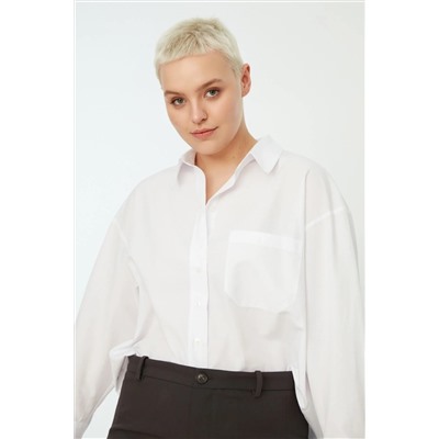 Beyaz Loose Fit Pamuklu Uzun Kol Büyük Beden Dokuma Gömlek TBBSS22GO0323