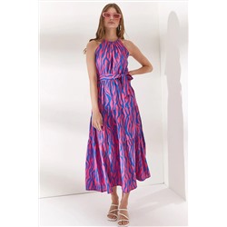 Olalook, Kadın Zebra Fuşya Halter Yaka Kuşaklı Dokuma Viscon Elbise ELB-19001548
