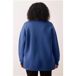 Indigo Kalın İçi Polarlı Yırtmaçlı Oversize/Bol Kesim Örme Büyük Beden Sweatshirt TBBAW24AO00003