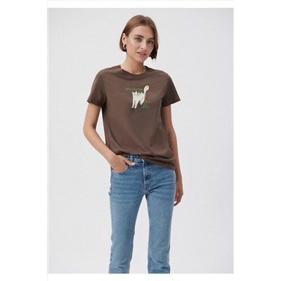 Mavi Kedi Baskılı Kahverengi Tişört Slim Fit / Dar Kesim 1611704-81959