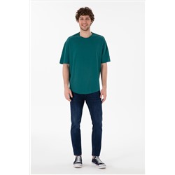 Erkek Long Fit Bisiklet Yaka Koyu Yeşil Basic Tişört
