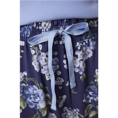 Pijama largo 100% algodón canalé azul flores