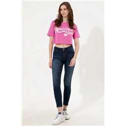 Kadın Pembe Bisiklet Yaka Crop Tişört