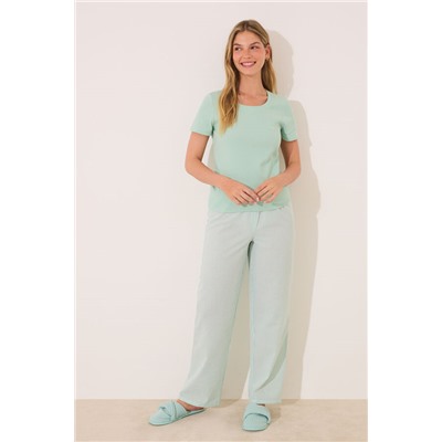 Pijama largo manga corta algodón verde rayas
