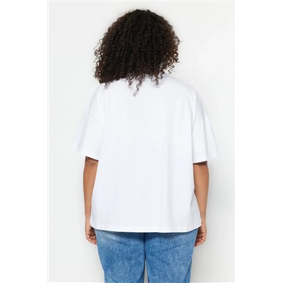Beyaz Yaka Ribanalı Geniş Kalıp Basic %100 Pamuk Örme T-shirt TBBSS23BF00017