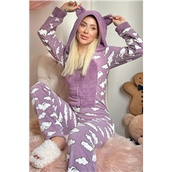 Pijamaevi Mor Bulut Desenli Kadın Polar Peluş Tulum Pijama Takımı 1826
