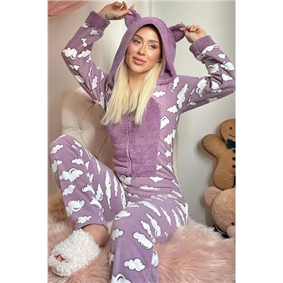 Pijamaevi Mor Bulut Desenli Kadın Polar Peluş Tulum Pijama Takımı 1826