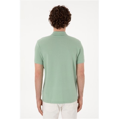 Erkek Slim Fit Polo Yaka Su Yeşili Basic Tişört