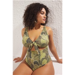 Trendyol Curve Yeşil Derin V Cut Out Bağlama Detaylı Soyut Desenli Büyük Beden Mayo TBBSS23AM00008
