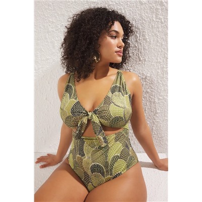 Trendyol Curve Yeşil Derin V Cut Out Bağlama Detaylı Soyut Desenli Büyük Beden Mayo TBBSS23AM00008