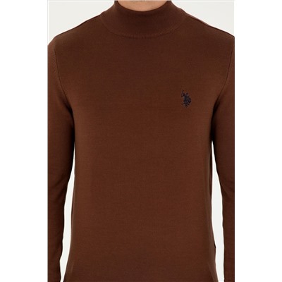 Erkek Slim Fit Yarım Boğazlı Kahverengi Basic Kazak